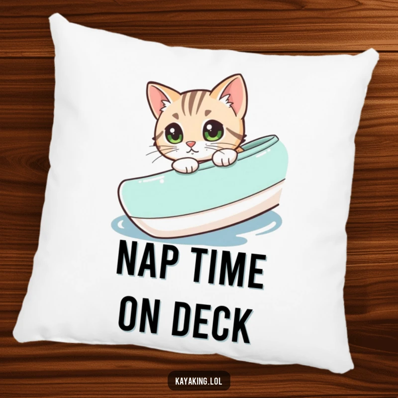 Funny cat with an inquisitive expression peeking over a kayak, a soft pillow for adding charm to your sofa.