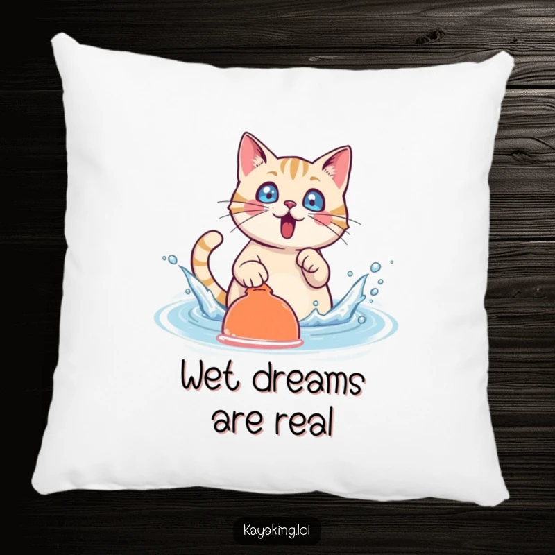 Funny Cat Pillow: A surprised cat character splashes water with its paddle, perfect for adding playful comfort.
