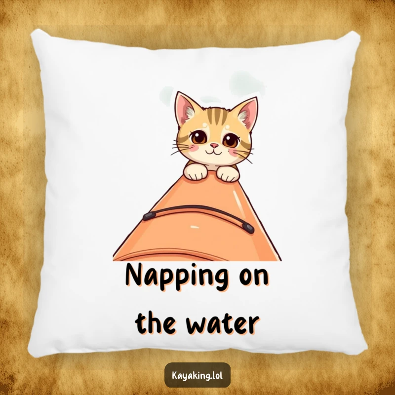 Funny pillow with a curious cat peeking over the edge of a kayak, perfect for adding comfort and a touch of playful intrigue.