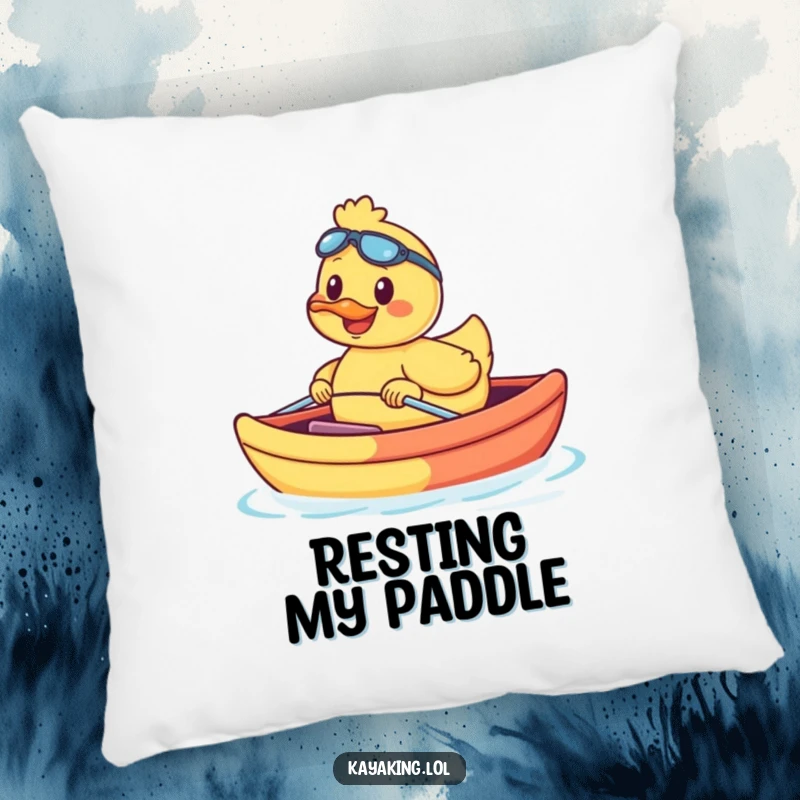 Funny, smiling duck nestled in a small, colorful kayak, a soft and cuddly decorative pillow. Adorable comfort.