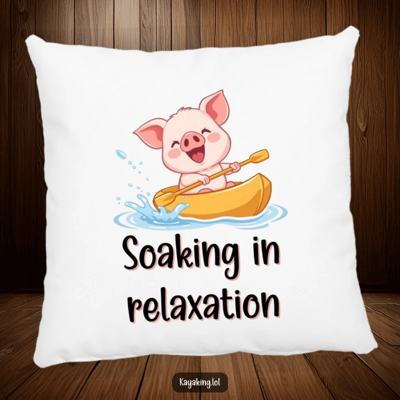 Funny giggling piglet splashing water from a kayak on a pillow, a cozy and cheerful decorative accent.