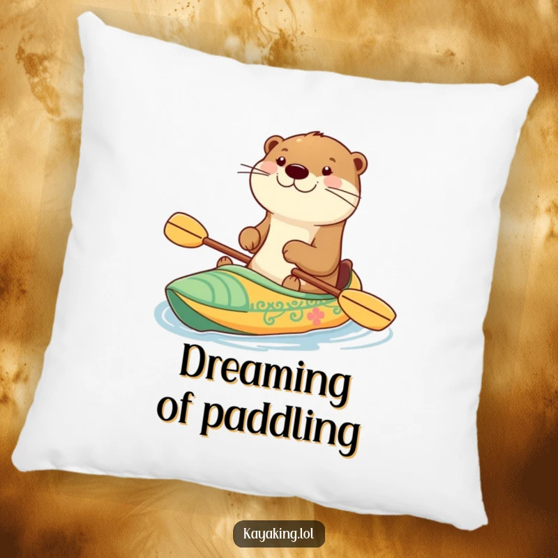 Funny pillow with a happy otter paddling a decorated kayak with a wide grin, perfect for adding comfort and cheer to any room.