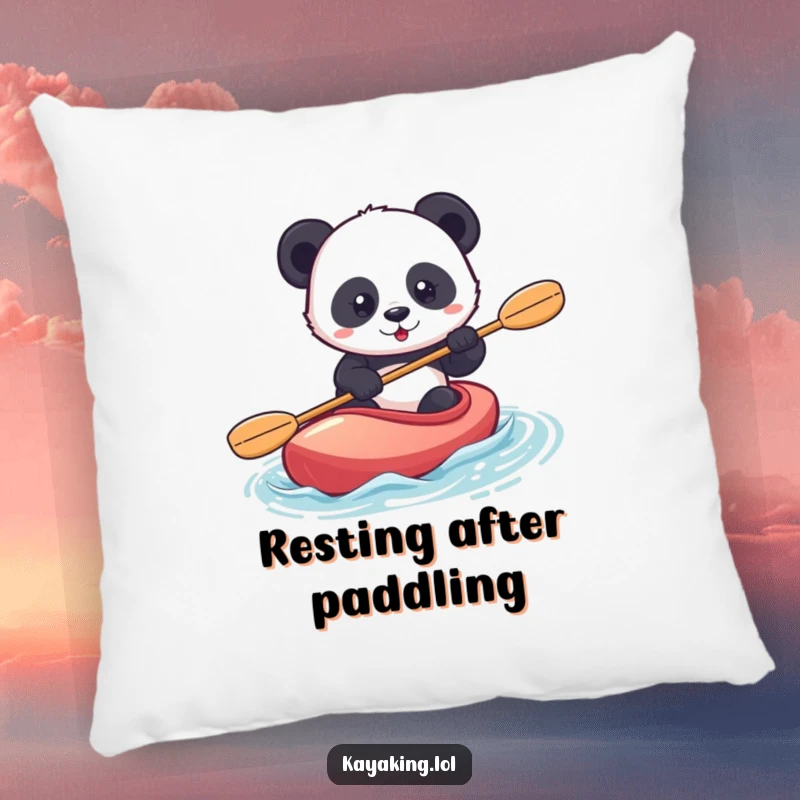 Funny panda kayaking pillow features a determined panda confidently paddling a kayak, offering cozy encouragement and humor.