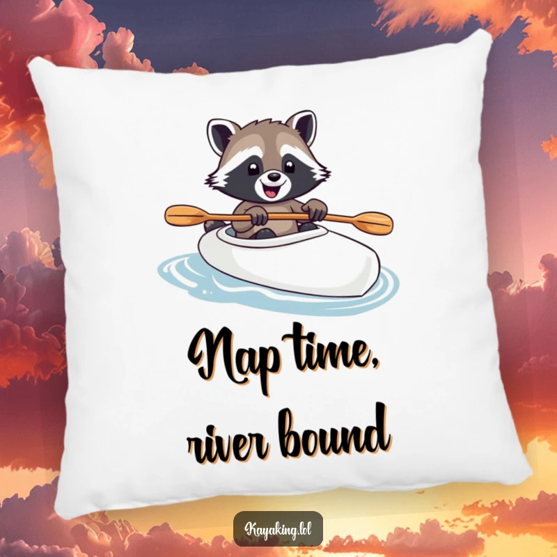 Funny raccoon enjoying a kayak ride with paw on paddle, a joyful design on a soft pillow, perfect for adding humor to decor.