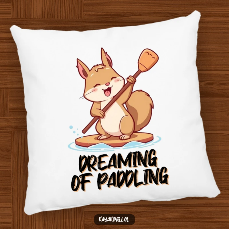 Funny pillow featuring a determined squirrel flipping its paddle with playful effort, bringing motivation and comfort.