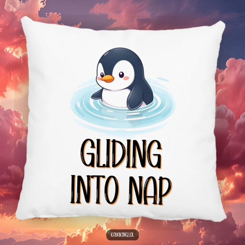Funny Penguin Pillow: A curious penguin character glides through calm water, looking around, perfect for cozy comfort.