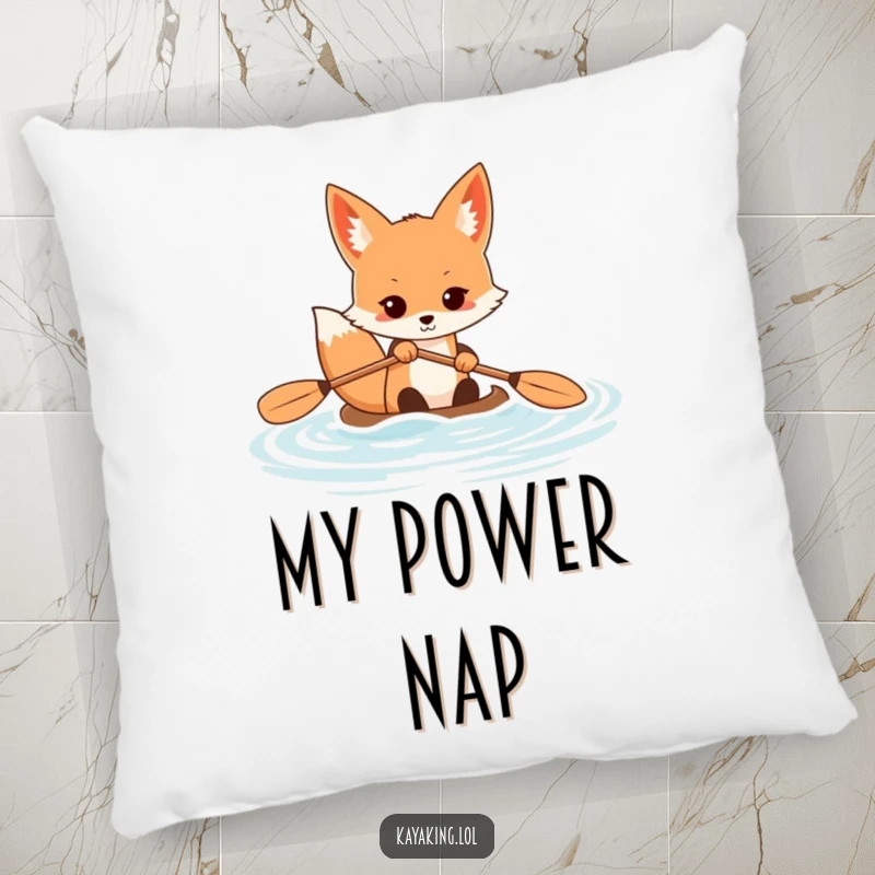Funny fox pillow depicting a determined animal vigorously paddling a kayak, offering comfort and a symbol of focused ambition.