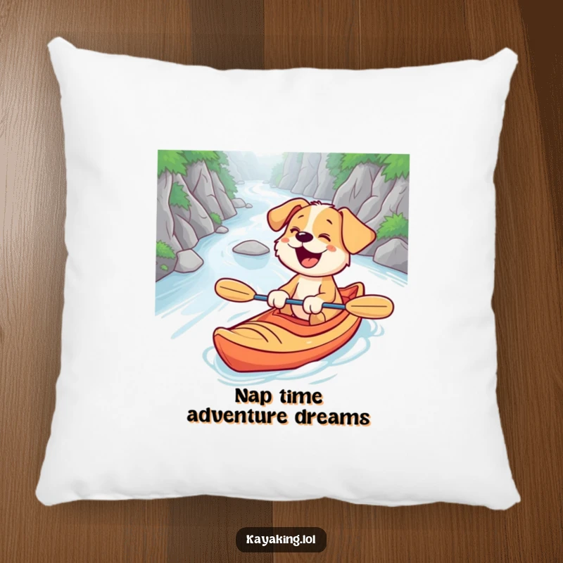 Funny pillow showcasing a surprised puppy giggling while navigating a river in a kayak, offering a blend of humor and coziness.
