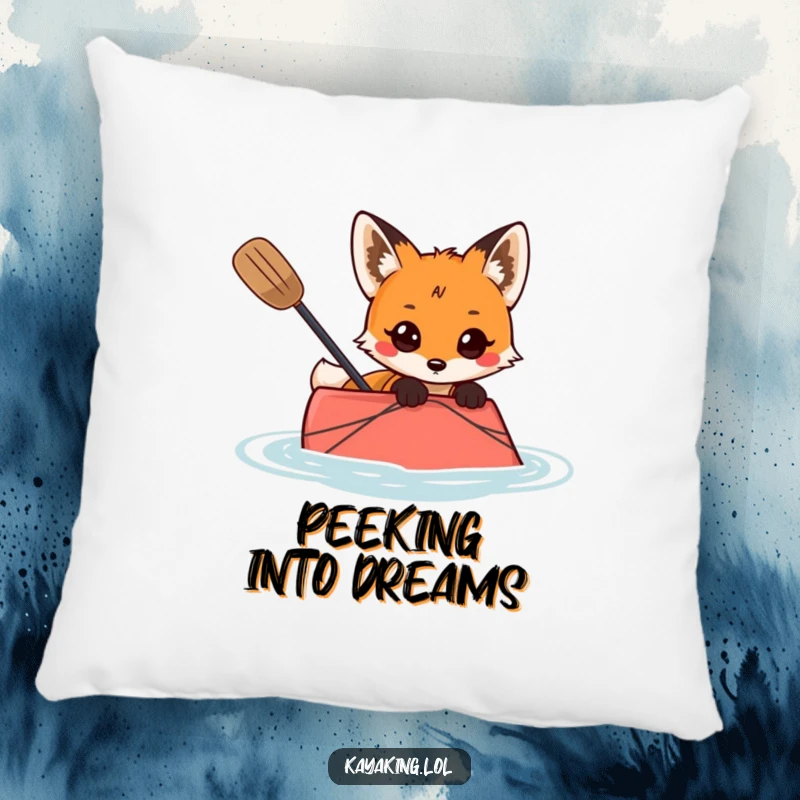 Funny pillow with a curious fox peeking over the edge of a kayak, offering comfort and a touch of mystery.