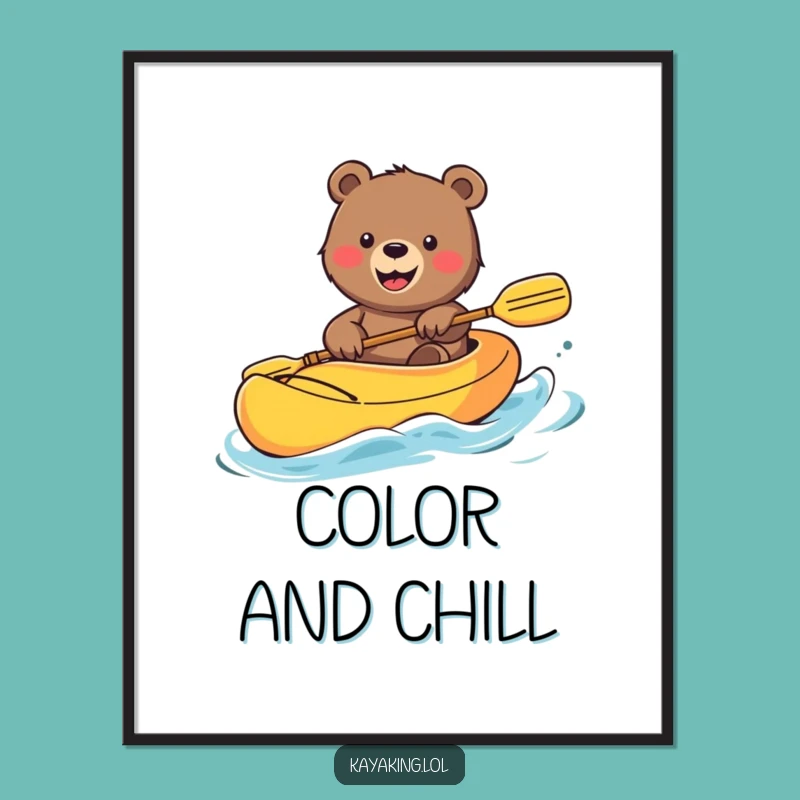 Funny Bear Kayak Digital Art: Smiling Grizzly's Joyful Voyage, Instant Cheerful Decor