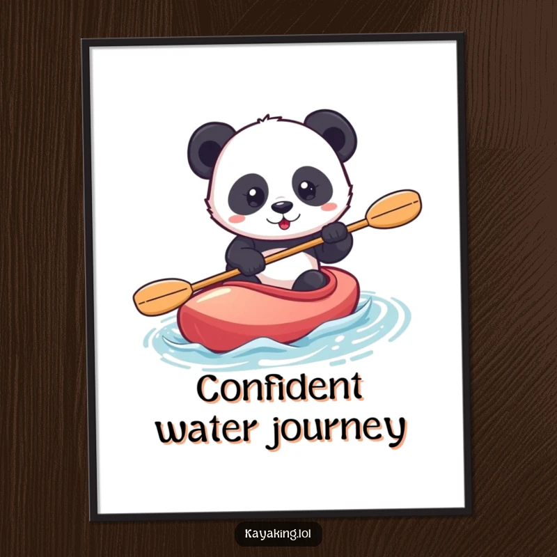 Funny panda kayaking digital art print shows a confident panda paddling a kayak with determination, a humorous piece.