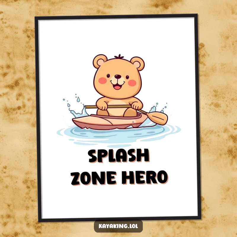 Funny happy bear splashing water with a kayak paddle, depicted in a vibrant digital art print, full of joy and movement.