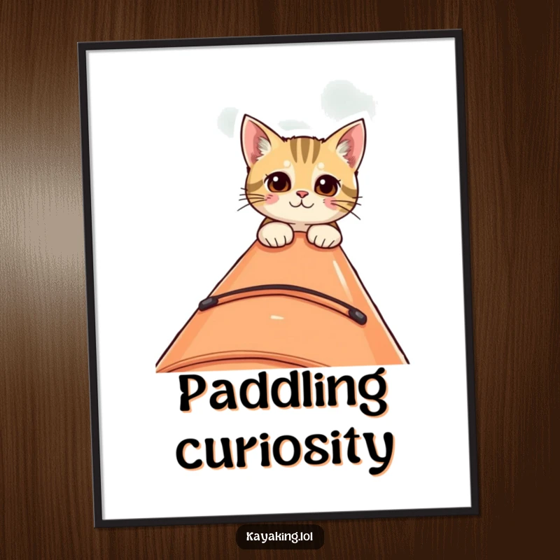 Funny digital art print of a curious cat peeking over the edge of a kayak, adding whimsical humor and a touch of exploration.