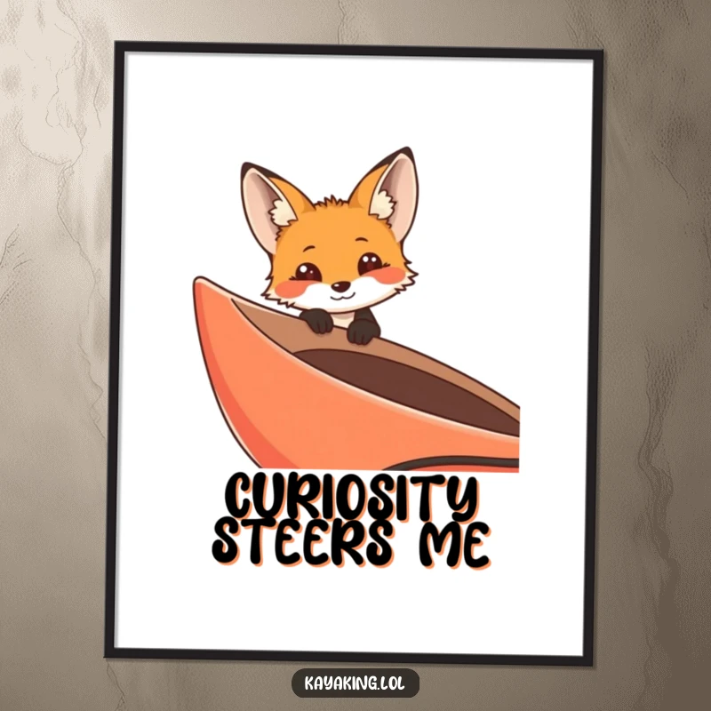 Funny curious fox peering from a kayak on a digital art print, whimsical wall art for adventurous souls.