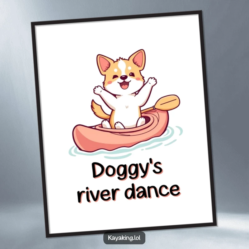 Funny dancing dog digital art print of a dog happily kayaking, tail wagging, a humorous decor piece.