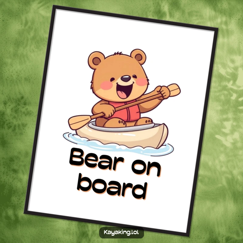 Funny digital art print of an excited bear attempting to steer a kayak with a paddle, bringing wild humor and adventure to any decor.