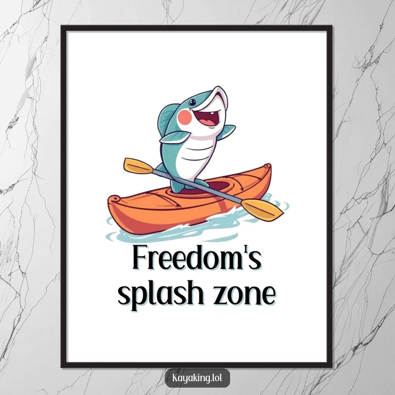 Funny fish kayaking digital art print of a fish leaping joyfully from a kayak, downloadable art for humorous home or office decor.