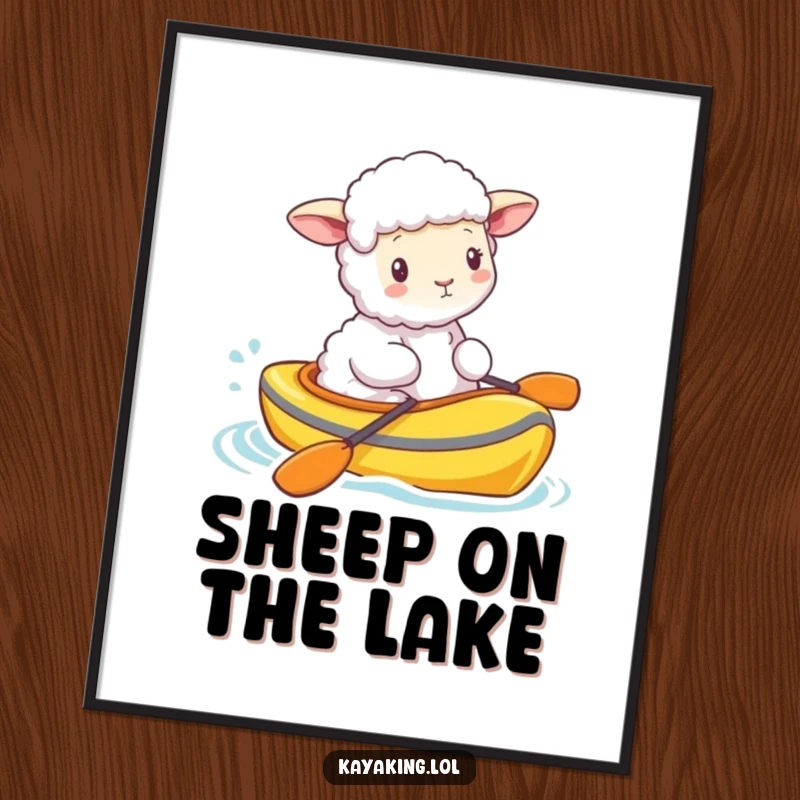 Funny fluffy sheep bobbing in a brightly colored kayak, rendered in charming digital art for immediate smiles. This print is pure pastoral delight.