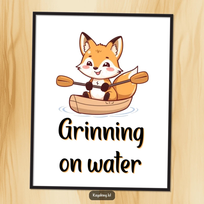 Funny grinning fox with sparkling eyes kayaking, depicted in a vibrant digital art print, full of charm and adventure.