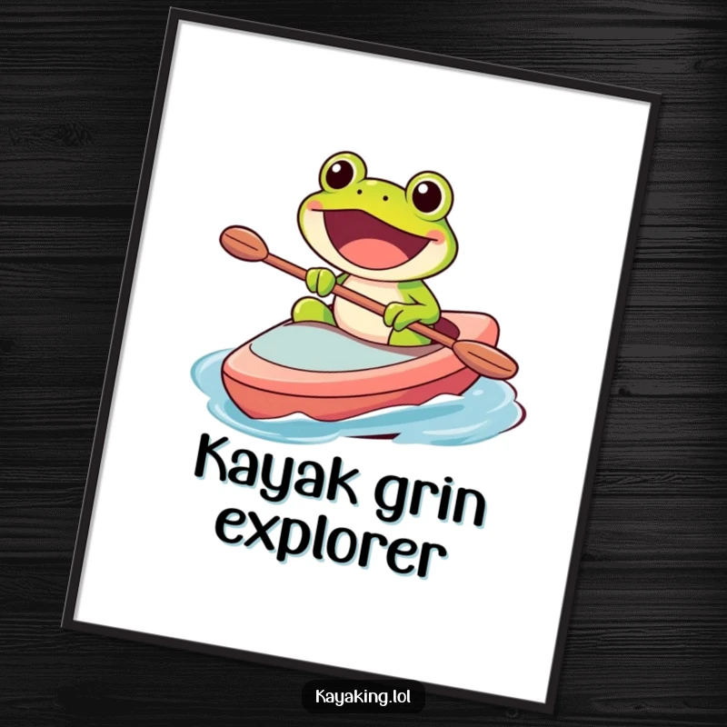 Funny digital art print of a happy frog character paddling a kayak with a wide, excited grin, embodying pure joy.