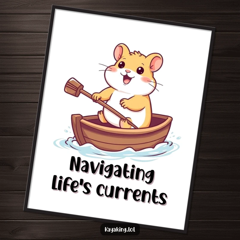Funny Digital Art Print: A cheerful hamster races a tiny boat with a paddle, symbolizing funny determination and aquatic fun.