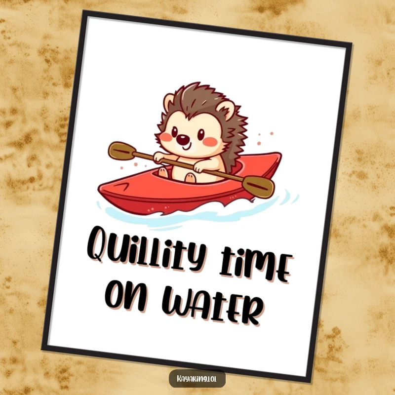 Funny digital art print of a smiling hedgehog steering a bright red kayak, creating a lively and whimsical wall decor piece.