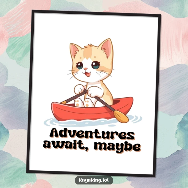 Funny Kitten Kayak Digital Art Print of a cute kitten kayaking, perfect for humorous, instant wall decor.