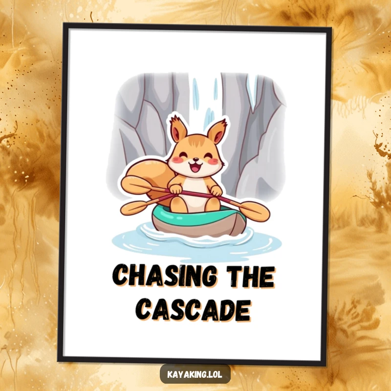 Funny squirrel paddling a kayak towards a majestic waterfall, available as a digital art print for instant decor.