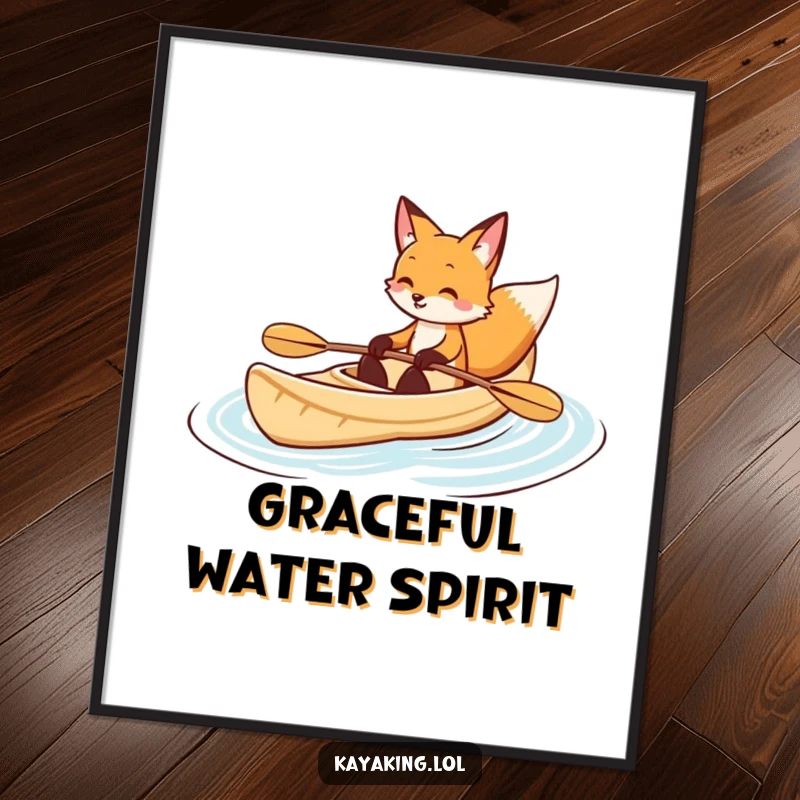 Funny fox kayaking digital art print features a smiling fox gracefully paddling a kayak, a humorous and downloadable piece.