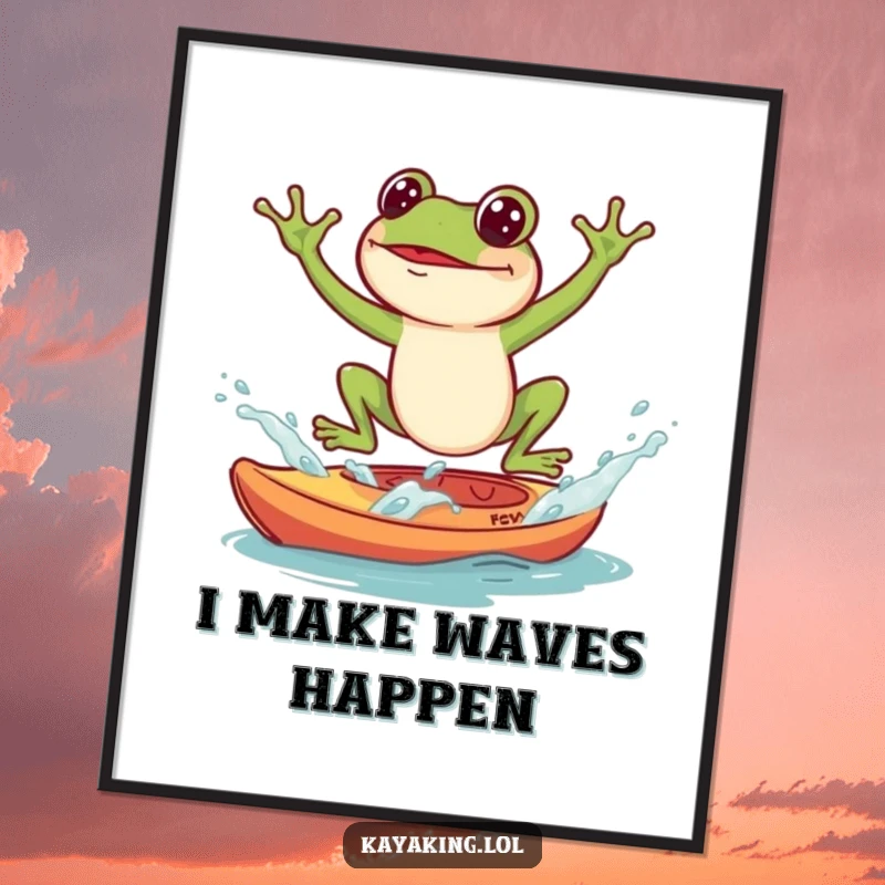 Funny Digital Art Print, a frog splashing into a kayak, humorous and lively artwork for wall décor.