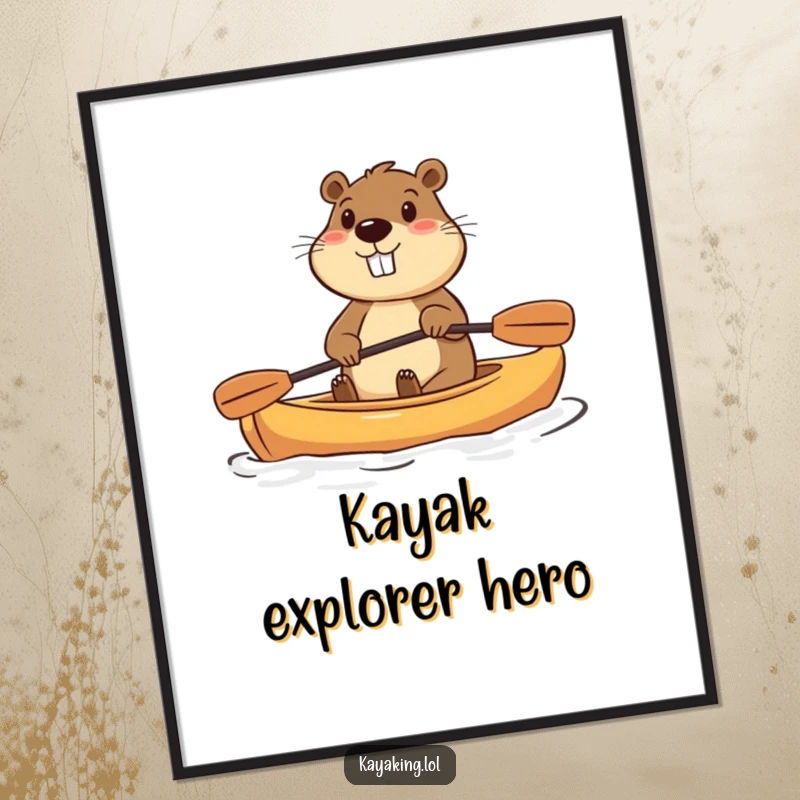 Funny digital art print of a determined beaver enthusiastically paddling a small kayak, for humorous wall decor.