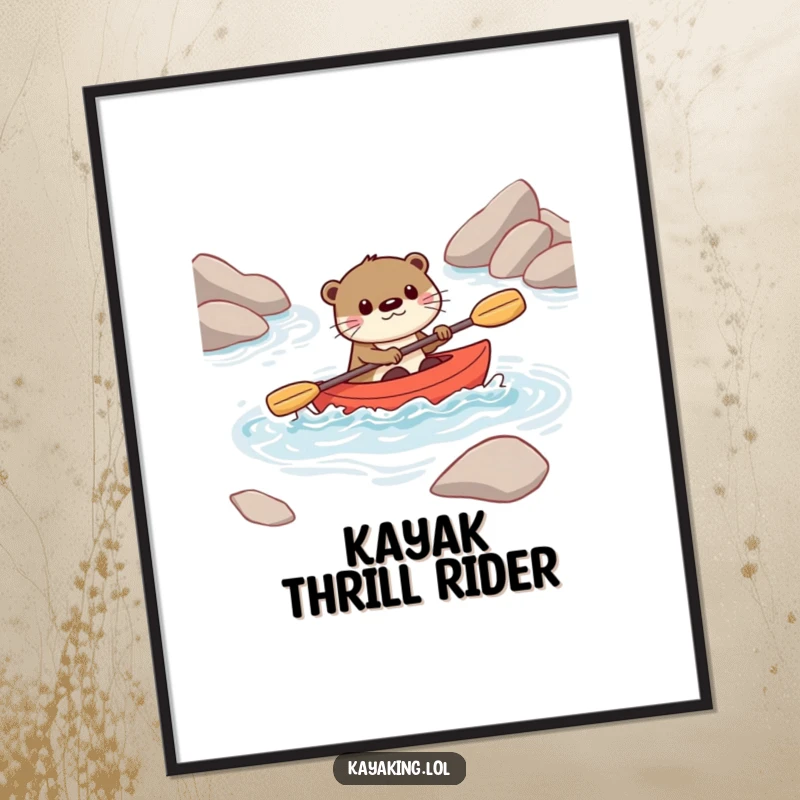 Funny digital art print of a playful otter character navigating rapids in a kayak, a dynamic and humorous piece.