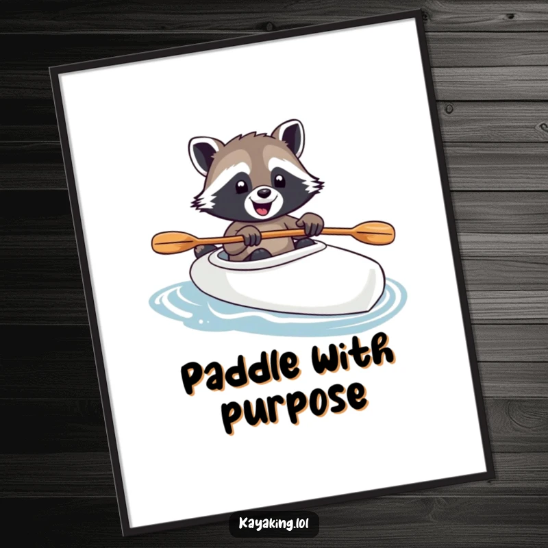 Funny raccoon expertly steers a kayak, paw on paddle, depicted in a vibrant digital art print, full of joy and adventure.