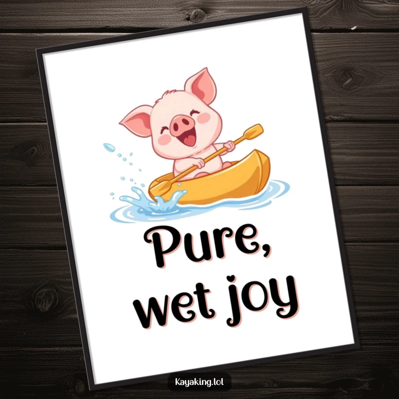 Funny giggling piglet splashing water from a kayak on a digital art print, joyful wall art for a cheerful space.