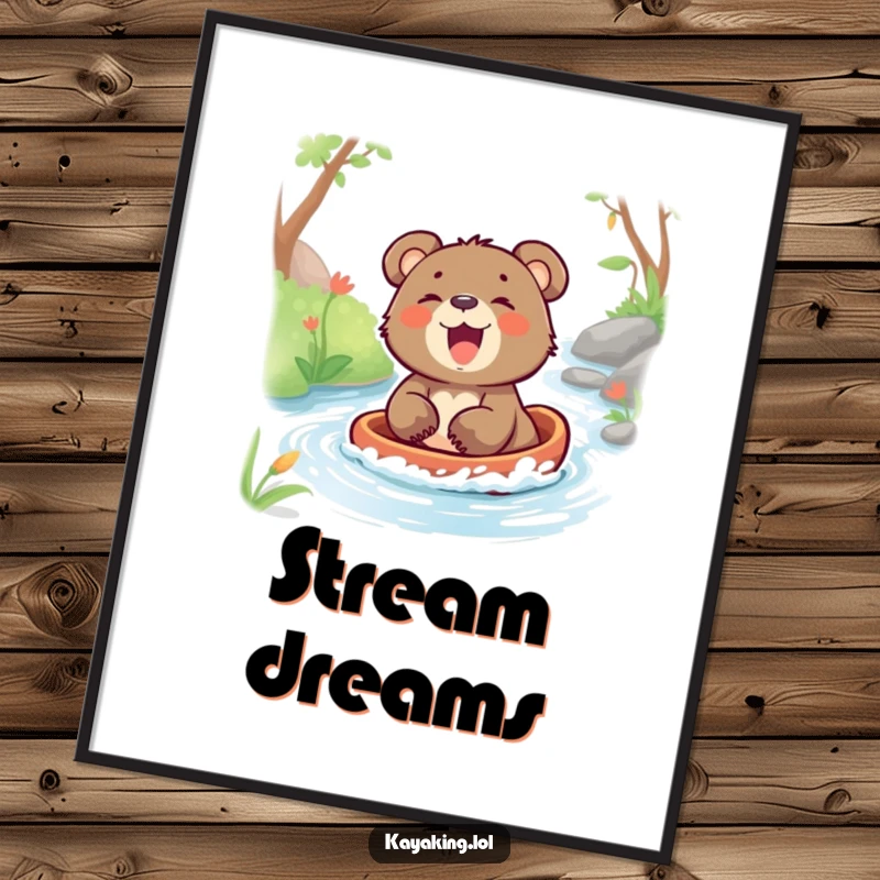 Funny digital art of a joyful bear cub laughing heartily while gliding down a stream, radiating pure fun and happiness.