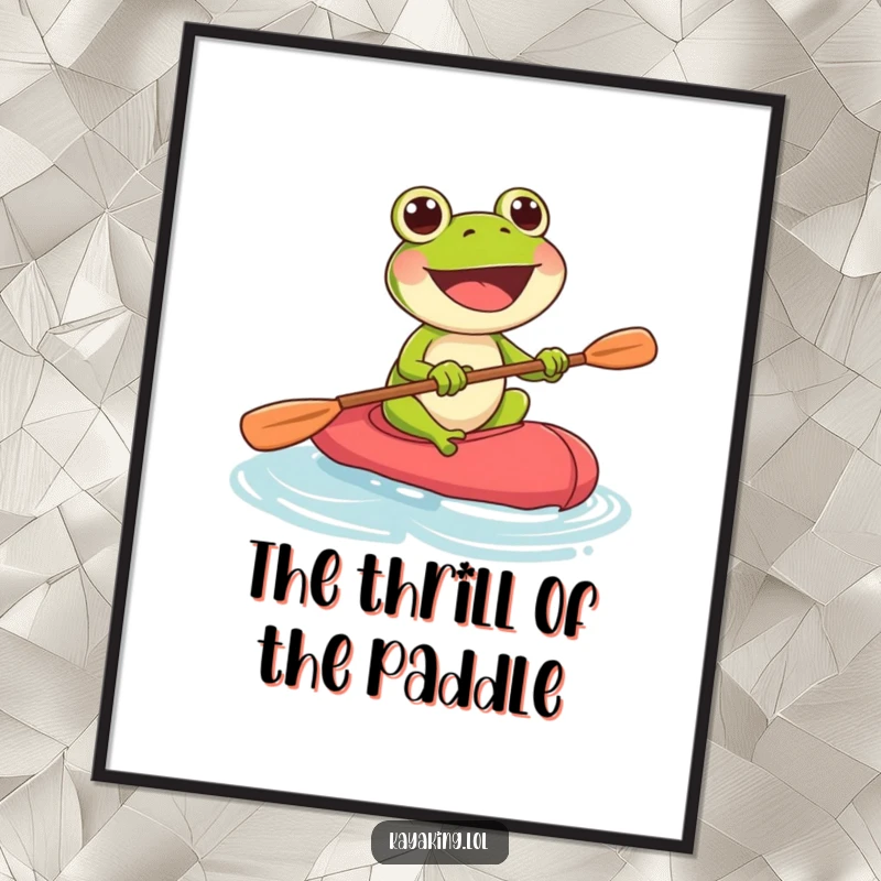 Funny joyful frog paddling with gusto in a kayak, a digital illustration ready for instant printing.