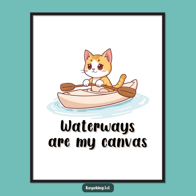 Funny Kayak Cat Digital Art: Curious Feline's Serene Voyage, Instant Humorous Decor