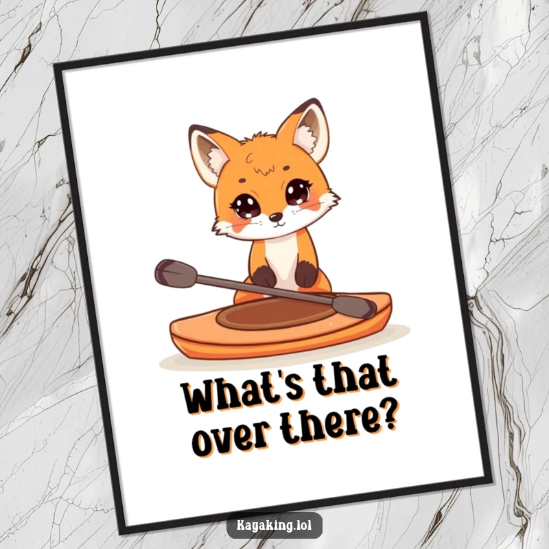 Funny digital art print of a curious fox peering over the edge of a small kayak, creating a playful and intriguing wall decor piece.