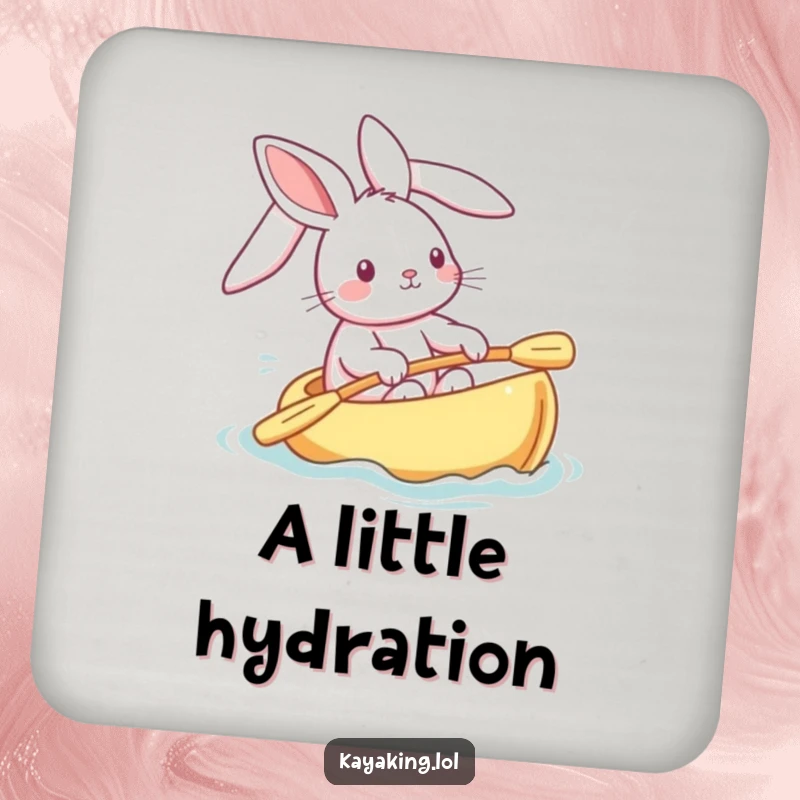 Funny bunny drink coaster featuring a playful rabbit steering a kayak, ears streaming, a cute and protective accessory.