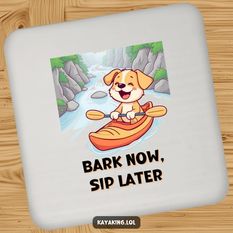 Funny drink coaster with a giggling puppy kayaking down a winding river, a cute and functional addition to any table.