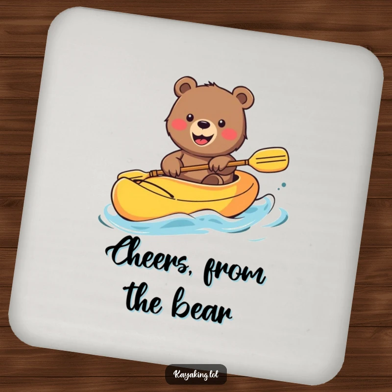 Funny Bear Coaster: Smiling bear waving from a bright kayak, a humorous and protective addition to any drink setup.