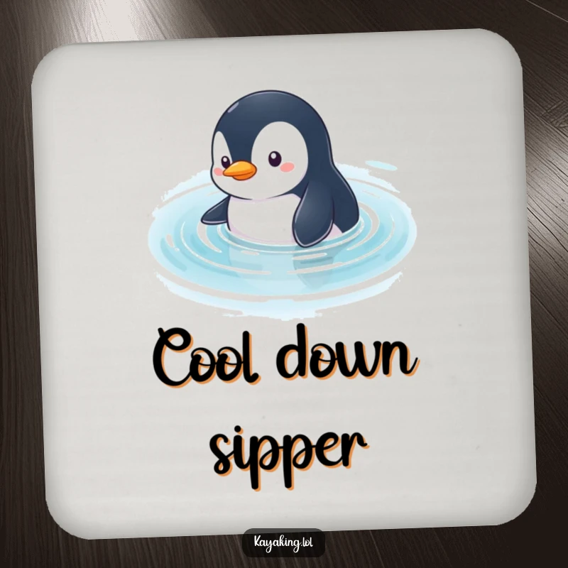 Funny Penguin Coaster: A curious penguin character glides through calm water, looking around, perfect for drink protection.