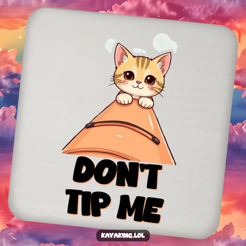 Funny drink coaster with a curious cat peeking over the edge of a kayak, adding a touch of humor and intrigue to any surface.