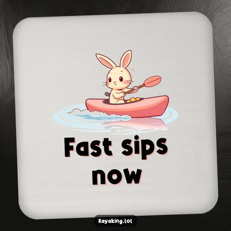 Funny rabbit kayaking fast on calm water, featured on a drink coaster for speedy style.