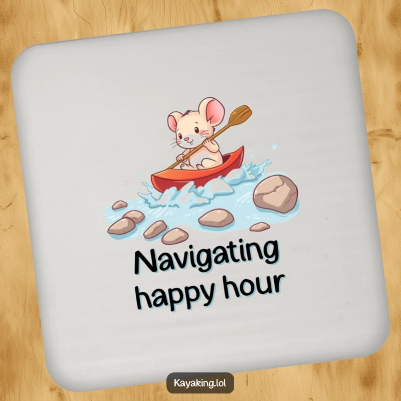 Funny brave mouse navigating rapids in a small kayak on a drink coaster, a daring and humorous table accessory.