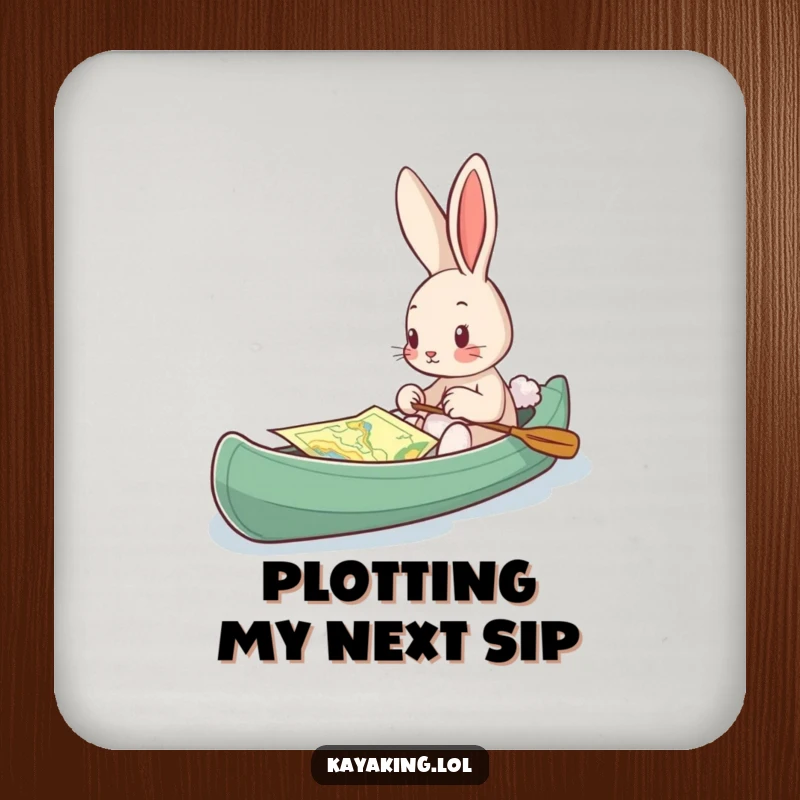 Funny Coaster, a bunny looking at a map in a kayak, providing a humorous and navigational drink surface.