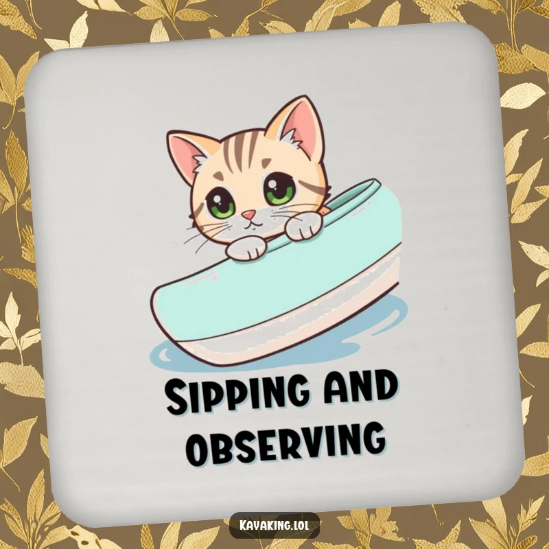 Funny curious cat peeking over a kayak's edge, a protective coaster for drinks with a whimsical touch.