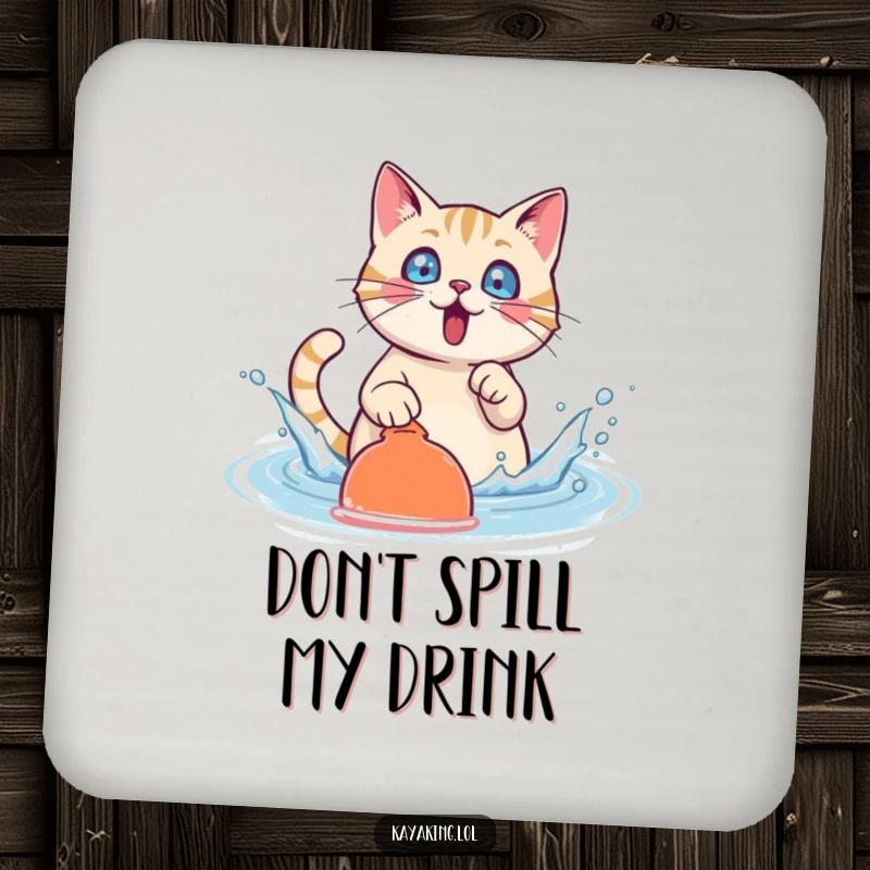 Funny Cat Coaster: A surprised cat character splashing water with its paddle, perfect for drink protection.