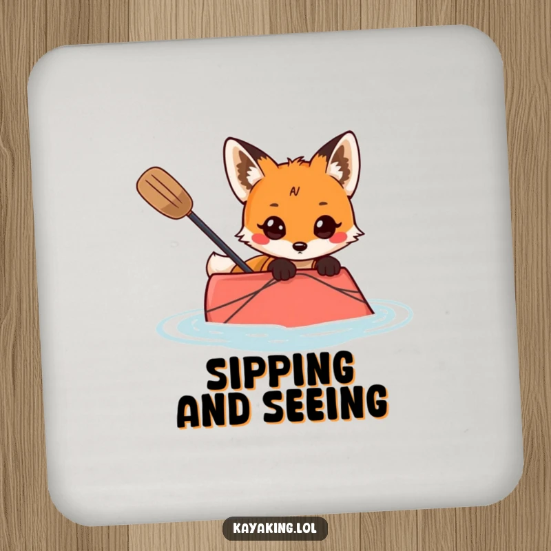 Funny drink coasters showcasing a curious fox peeking over the edge of a kayak, adding intrigue to any surface.