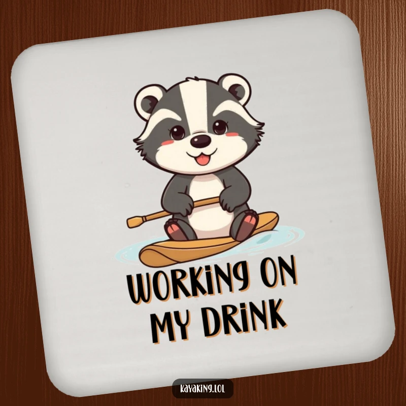 Funny determined badger drink coaster, a badger paddling with great effort, protects surfaces with motivational humor.